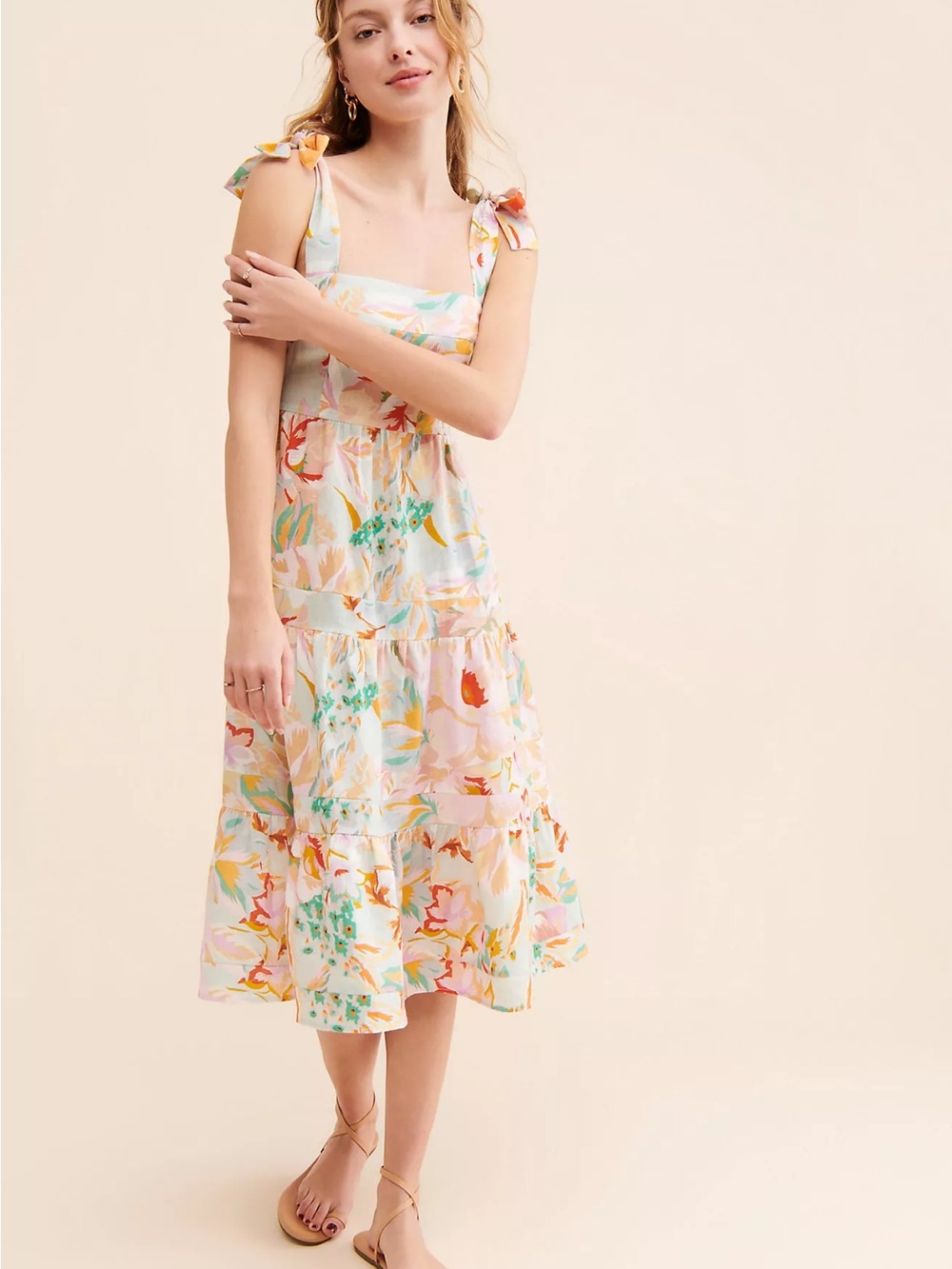 Pastel Multi Floral Tie-Shoulder Midi Dress